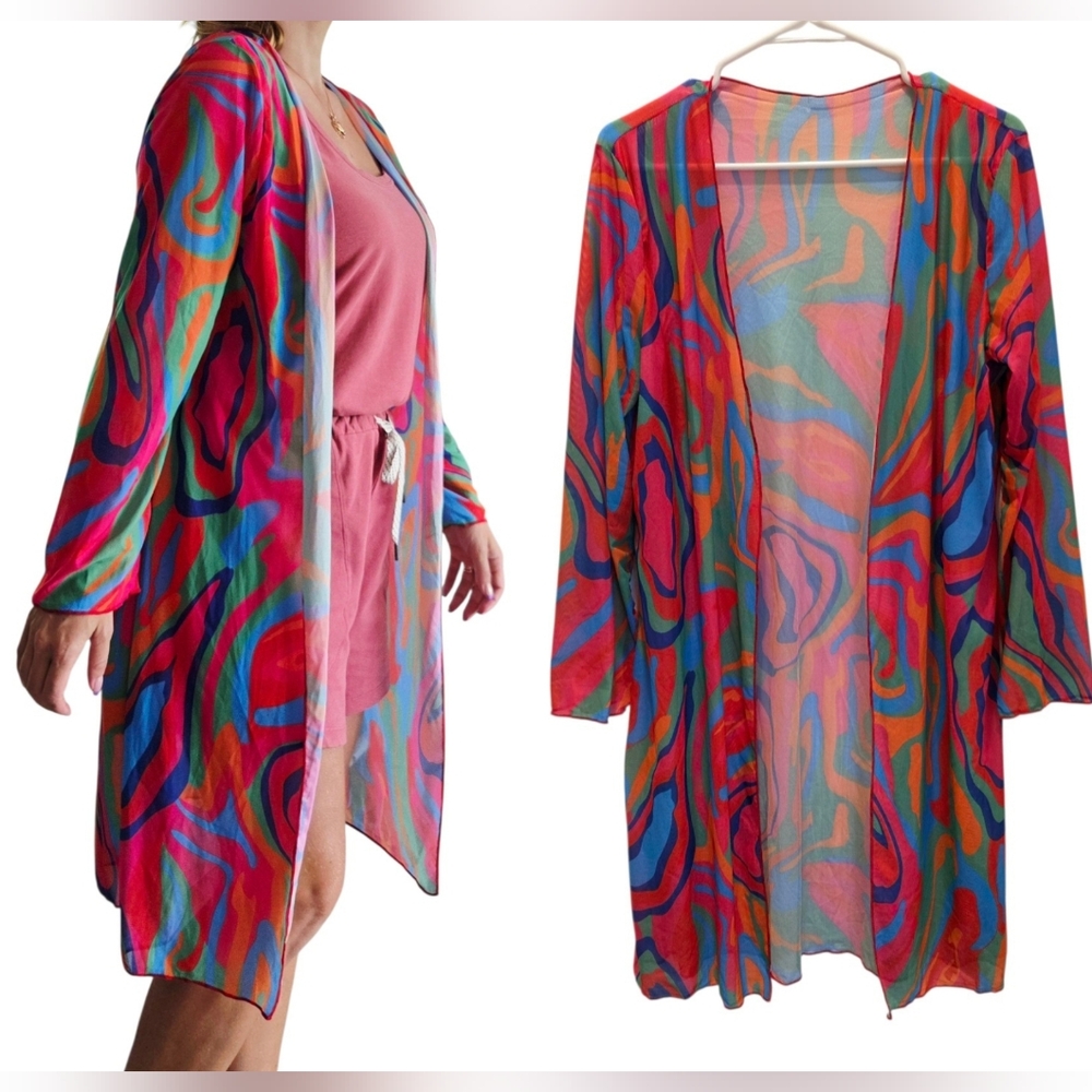 Vibrant Abstract Mesh‎ Cover Up Cardigan Fuchsia Sheer Open Front Sz S Festival